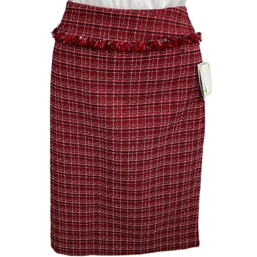 Kasper Pencil Skirt Women's 4 SMALL Red Black White Tweed Fringe Lined NEW